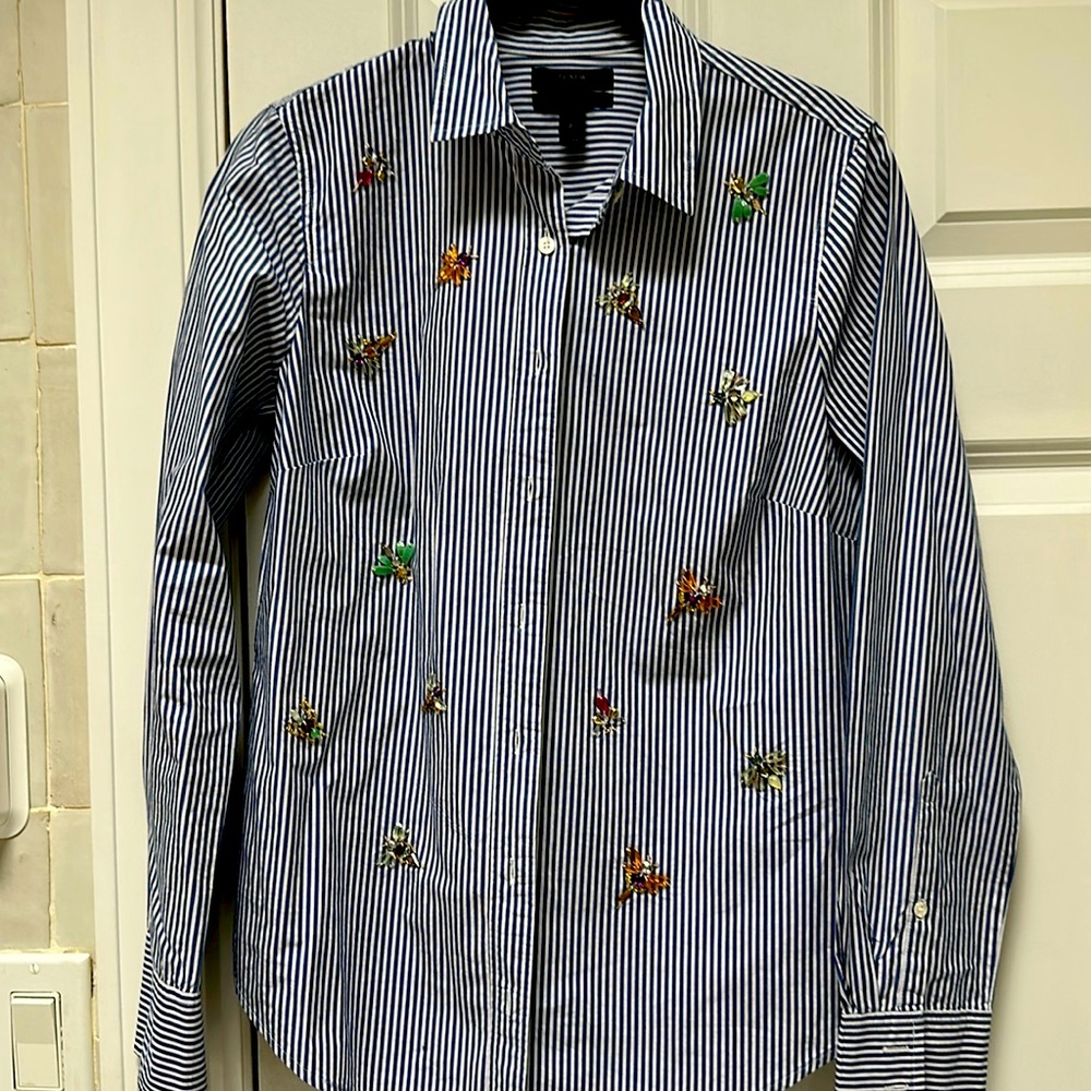 JCrew Perfect blue and white striped blouse with jeweled appliqué size 2